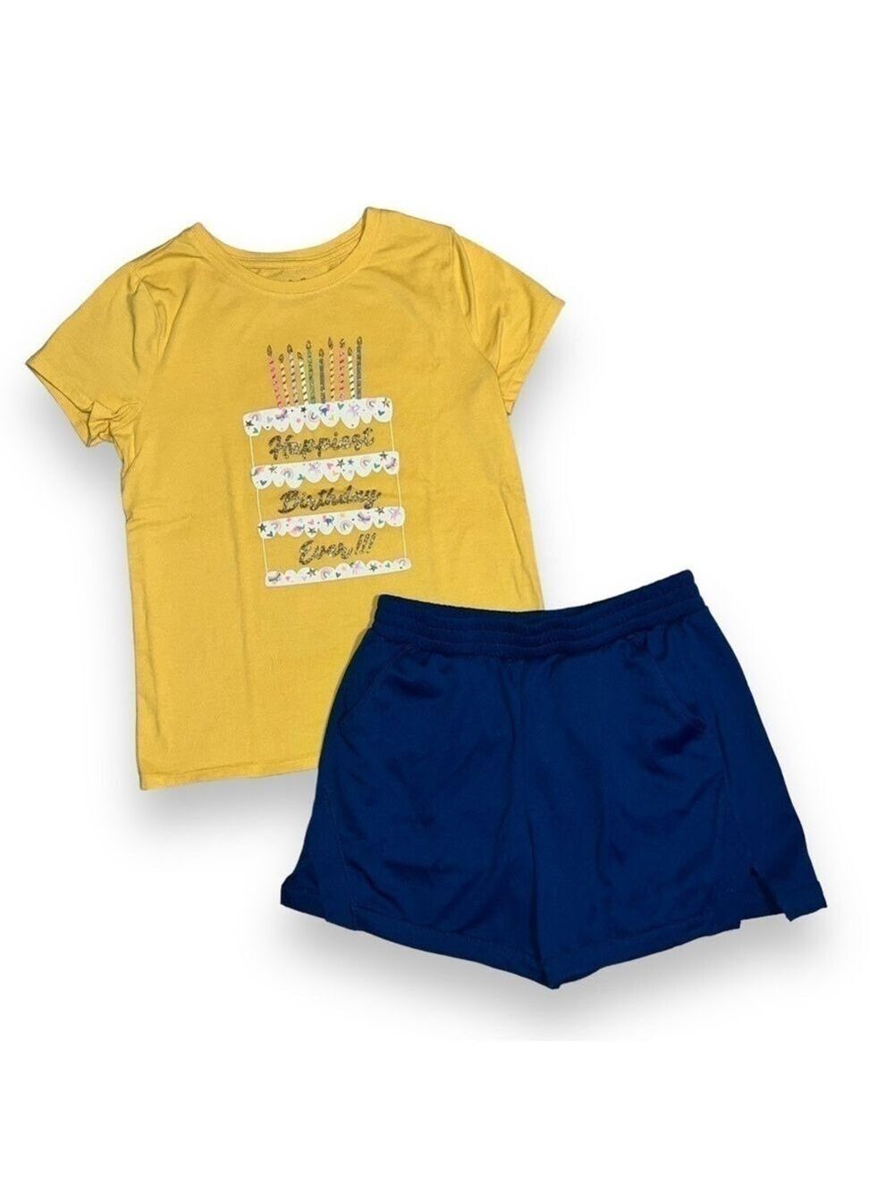 Cat & Jack Yellow Birthday Tee with Athletic Works Blue Shorts Size 10/12
